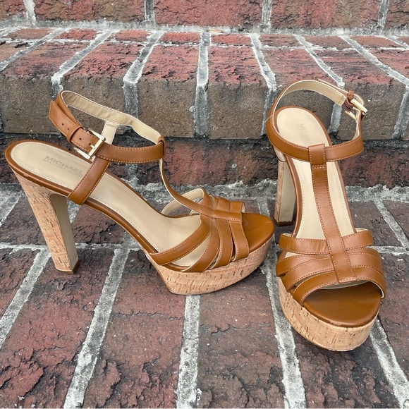 Michael Michael Kors Brown Leather Strappy Cork Heeled Platform Sandals Size 11M - Picture 3 of 15